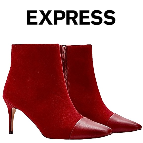 Express Shoes - Express Cap Toe Red Suede Leather Ankle Booties